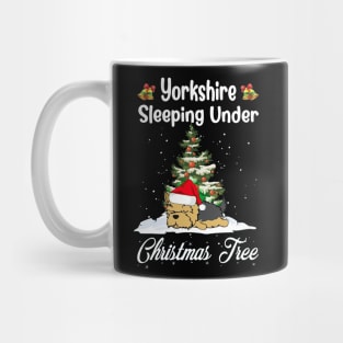 Yorkshire Terrier Sleeping Under Christmas Tree Funny Xmas Mug